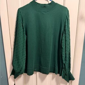 Vince Camuto Forest Green Mock Neck Top with Sheer Textured Bubble Sleeves XL